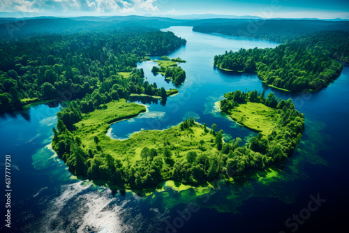 Photographie Aerial view of blue lake with island and green forests on a sunny summer day