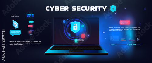 Cyber security concept. Laptop with protection against, viruses and cyber hacking personal data. Safe Internet. Laptop with protective shield. Reliable security your data