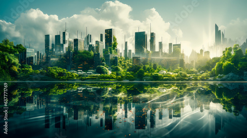 Fényképezés Futuristic city with a skyscrapers and green forest lush