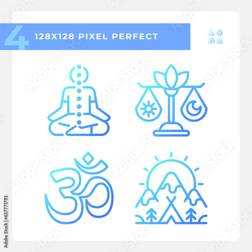 2D gradient icons set representing meditation, blue thin linear wellness illustration.