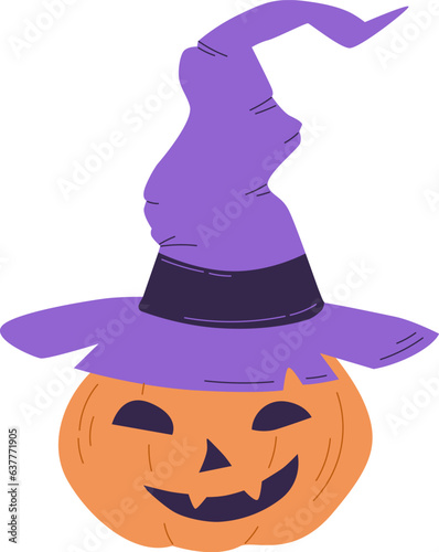 Halloween pumpkin lantern with witch hat vector illustration.
