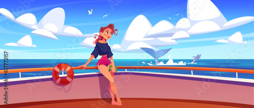 Girl on cruise ship deck cartoon vector scene. Boat bow embankment with wooden floor and railing in ocean. Whale splash on seascape with gull. Passenger stand with book near lifebuoy and watching
