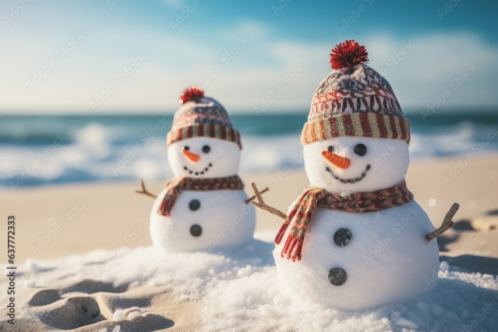 Two Sandy Christmas Snowmen are celebrating Christmas on a beautiful beach. Generative AI.