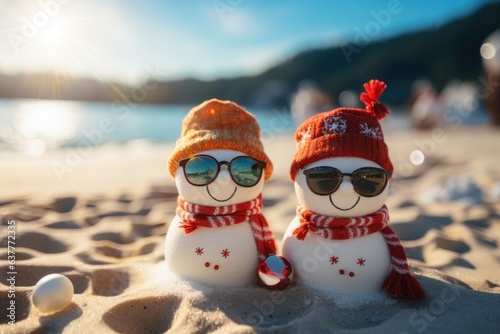 Two Sandy Christmas Snowmen are celebrating Christmas on a beautiful beach. Generative AI. photo