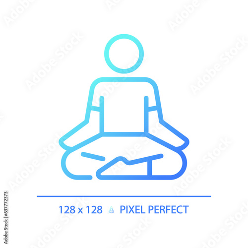 2D pixel perfect blue gradient lotus position icon, isolated vector, meditation thin line illustration.