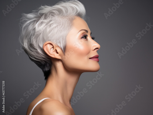 Fényképezés Beautiful and confident older Asian woman with grey pixie haircut
