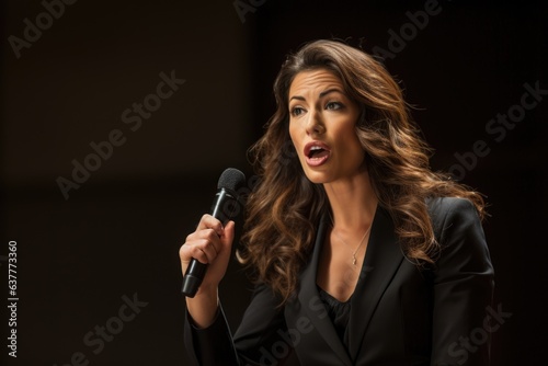 Portrait of a beautiful young business woman speaking into a microphone on a dark background, Confident businesswoman delivering a corporate presentation at a seminar or conference, AI Generated