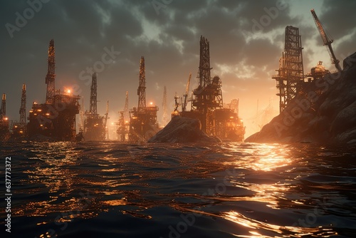 Oil platform in the sea at sunset. 3d render illustration. deep sea mining operation, AI Generated