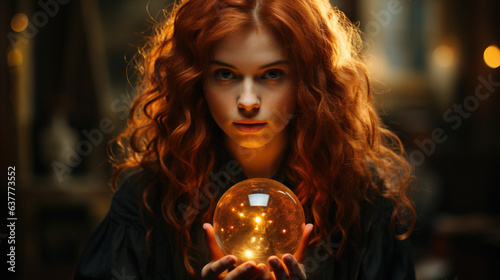 Levitating fireball and a red headed witch. Generative AI