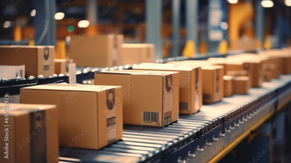 cartons et colis sur des convoyeurs à rouleaux dans un hangar de ...