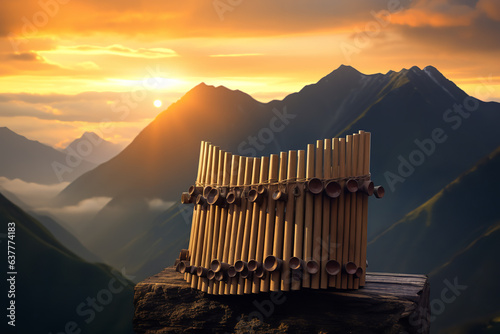 A pan flute stands against a scenic mountain view, illuminated by sunrise, symbolizing nature's melody and tranquility photo