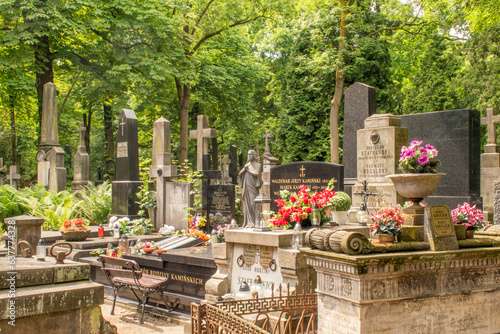 Warsaw, Poland 14 June 2023: Old Powązki Cemetery in Warsaw.