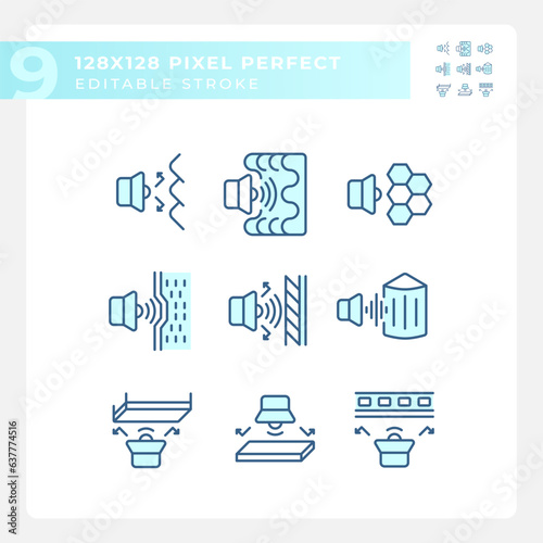 2D pixel perfect blue icons set representing soundproofing, editable thin line illustration.