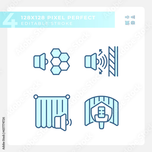 2D pixel perfect blue icons set representing soundproofing, editable thin line illustration.