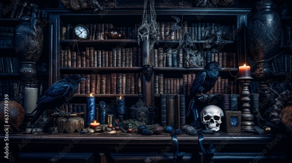 Dark gothic bookshelf with scull and crows
