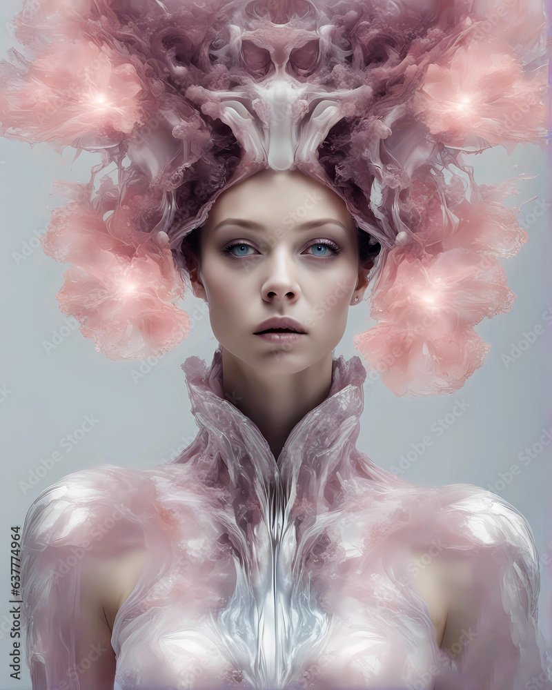 surreal fashion portrait that blends contemporary art snd futuristic flower design