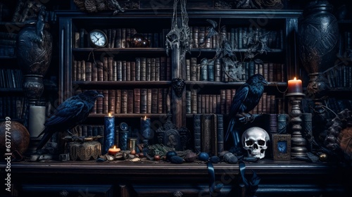 Dark gothic bookshelf with scull and crows