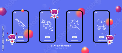 Motherhood line icon. Pregnancy, exercise for mothers, clothes for children. Glassmorphism. UI phone app screens. Vector line icon for Business