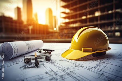 Architectural background with construction plans and hardhat on wooden table