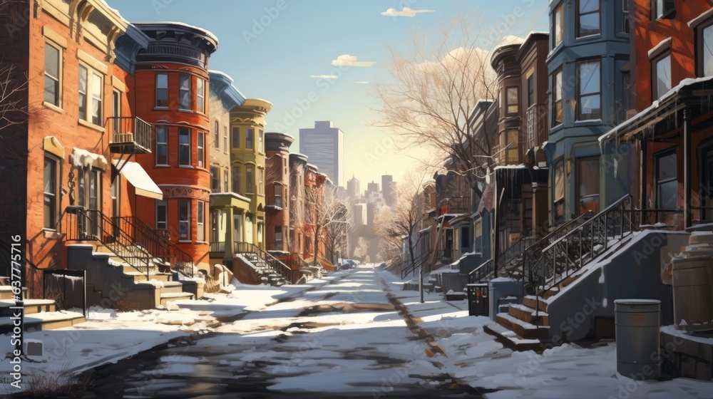 A row of townhouses in the snow, city view in the winter