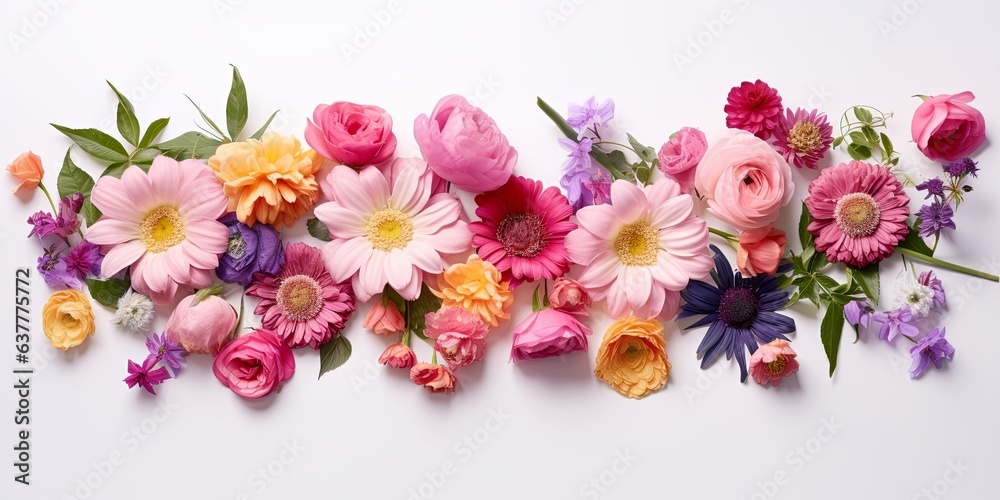 Creative layout made with beautiful flowers on white background, Generative AI