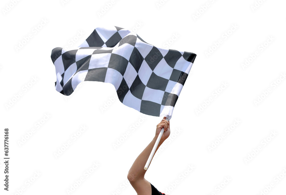 Checkered race flag in hand against white background