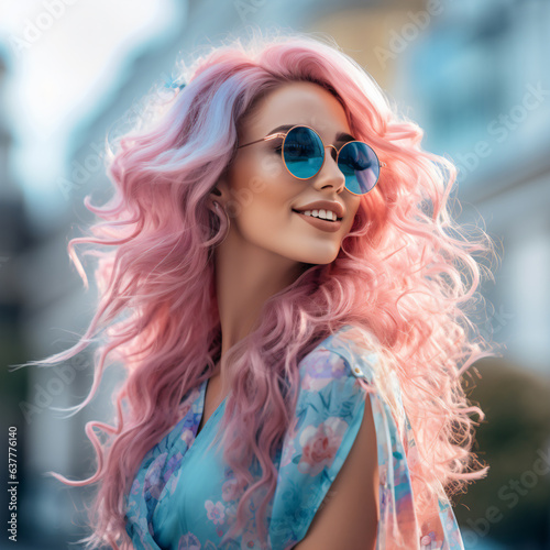 beautiful woman with long pink hair and funky sunglasses hipi style photo