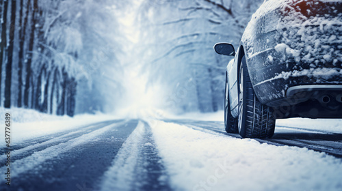 Car tires on winter road covered with snow © Johnu