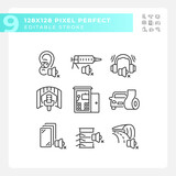 Pixel perfect black icons representing soundproofing, editable thin linear illustration set.