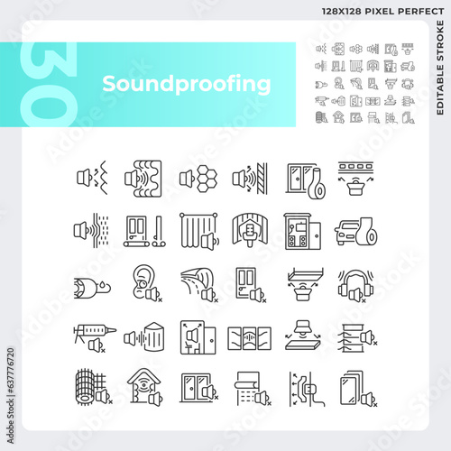 Pixel perfect black icons collection representing soundproofing, editable thin line illustration.