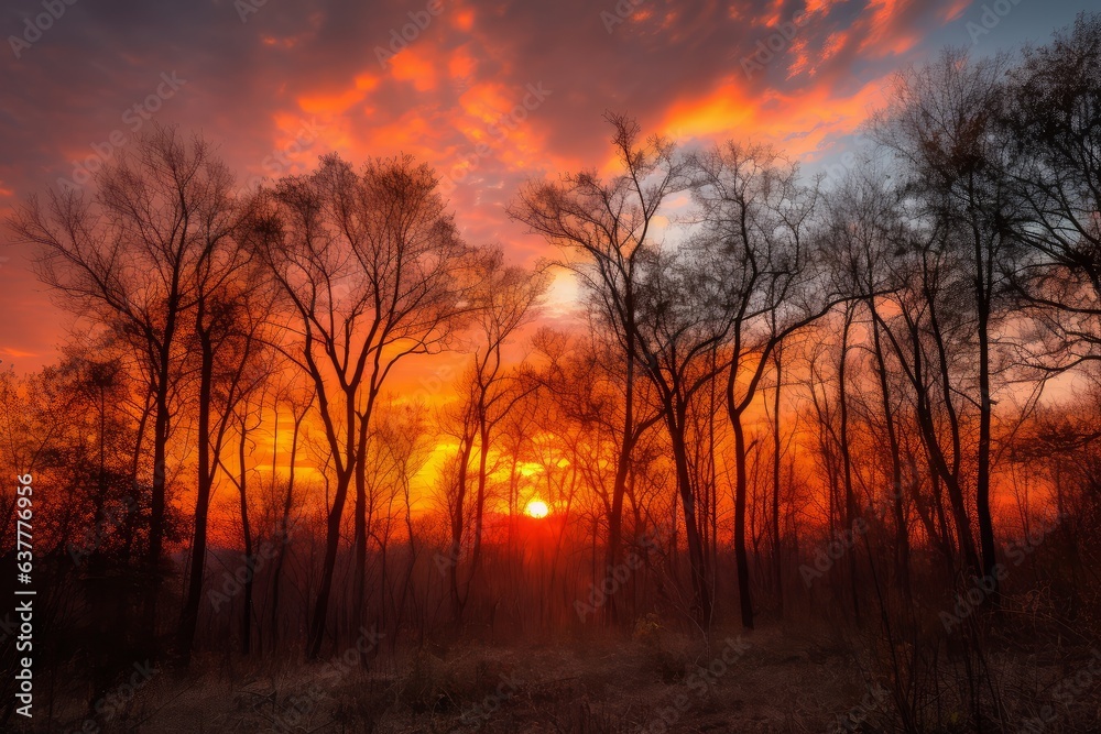 A stunning sunset behind a peaceful forest