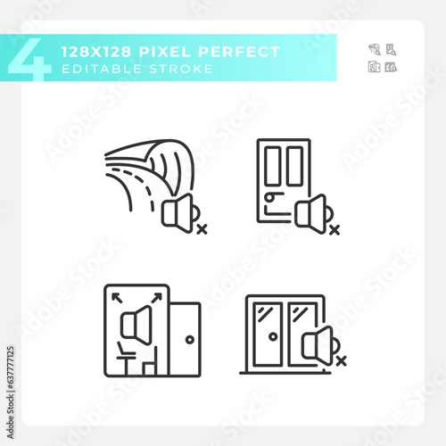 Pixel perfect black icons pack representing soundproofing, editable thin line illustration.