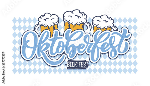 Oktoberfest logotype. Beer Festival vector banner. Illustration of Bavarian festival design on textured background with floral wreath. Blue, white lettering typography for logo, poster, card, postcard