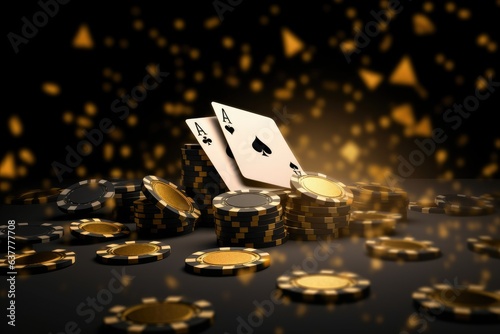 This image showcases the playing of poker cards in a casino game and the backdrop featuring black and gold style gambling chips. It exudes a luxurious ambiance and the thrill of gambling Generative AI