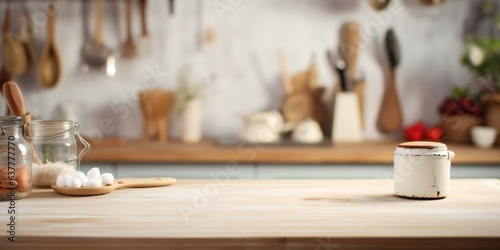 The surface of an empty wooden kitchen table for displaying products and goods. Large table in the home kitchen.