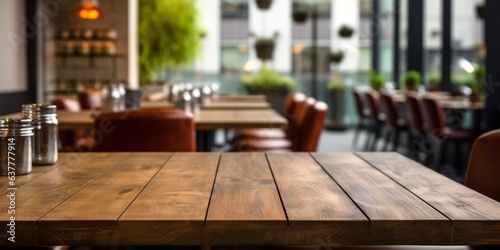The surface of an empty wooden table on the background of a restaurant / cafe. Blurred background of a restaurant with tables.