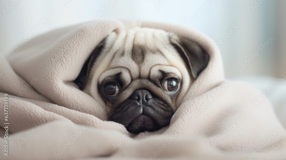 Cute pug dog lying under blanket at home, closeup