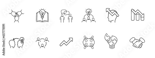 Teamwork line icon. Exchange of experience and ideas, communication with colleagues, a light bulb, an idea. Vector black line icon on white background for Business