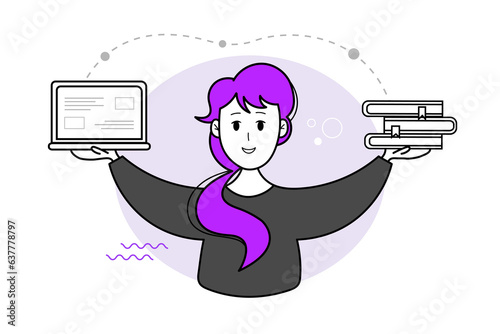 Smiling student is satisfied with studying online courses using laptop and books. Vector illustration concept for online learning courses, business, seminars, trainings.