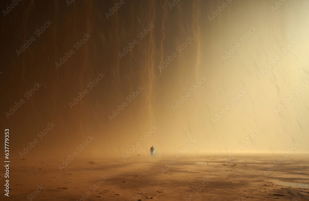 A person walking in the storm in the desert alone.