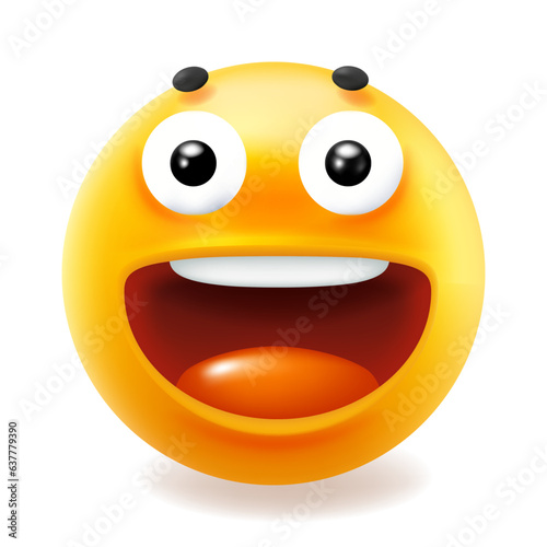 Vector illustration of happy fun yellow color smile emoticon with open mouth and red tongue. 3d style design of funny laugh emoji for social media