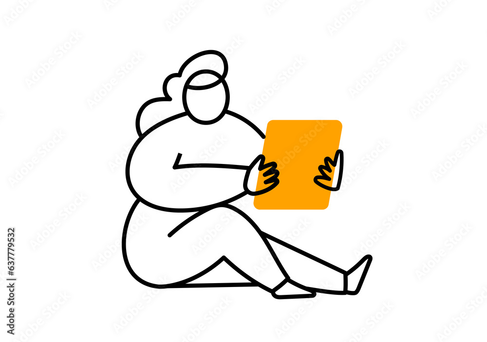 Vector illustration of woman hold yellow book shape on white color background. Flat line art style design of woman with e book