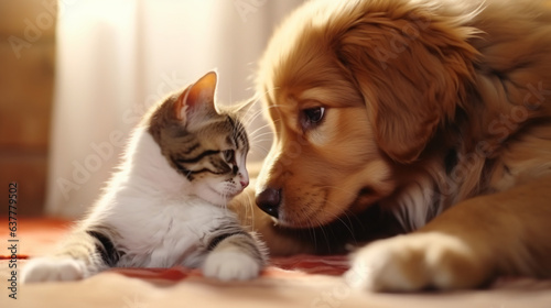 Cute dog and cat playing together at home