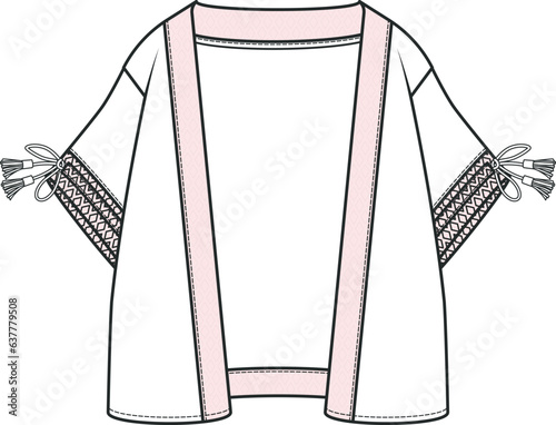 Japanese kimono flat sketch. Flat apparel kimono template, white color. Girls CAD mock-up. Women's Tassel Edge Kimono technical fashion illustration.