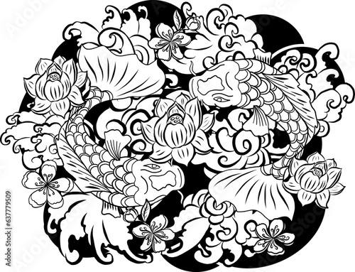 Hand drawn Koi carp on white background for auspiciousness of Chinese new year.Gold fish for festival on backdrops.Beautiful line art of koi fish.