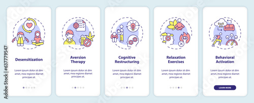 2D icons representing behavioral therapy mobile app screen set. Walkthrough 5 steps colorful graphic instructions with thin line icons concept, UI, UX, GUI template.