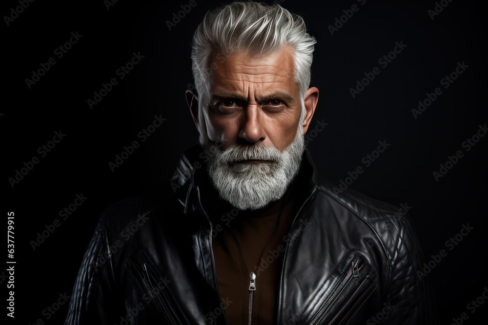 Elderly brutal man guy rock musician look in camera on dark background.