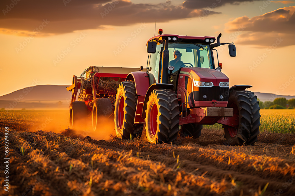 Fototapeta premium Agricultural Workers Ploughing a Field with Tractors at Sunset.. created with Generative AI
