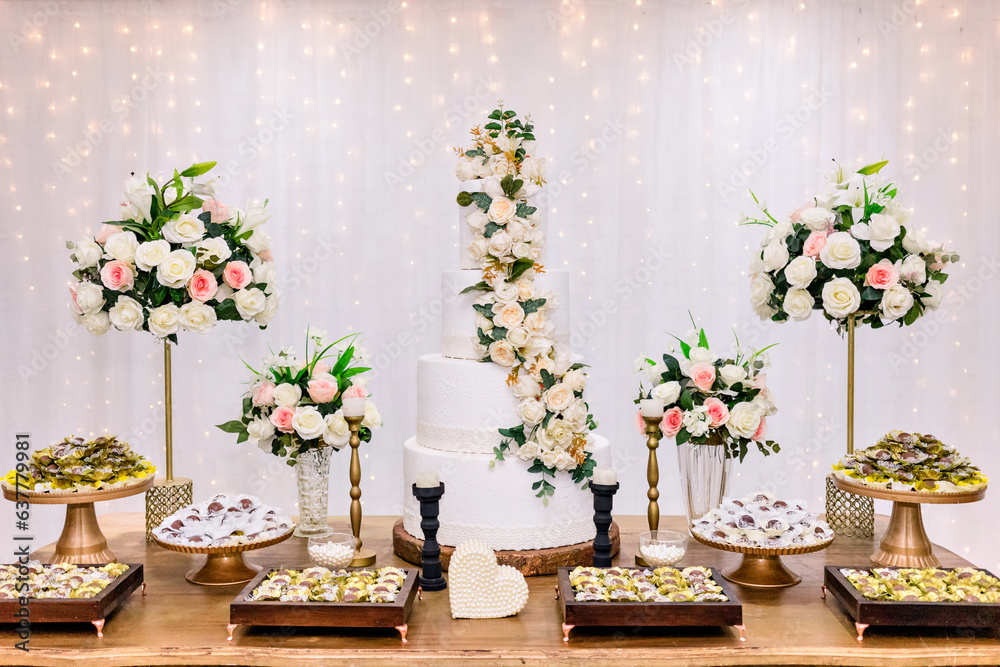 decorated table with flowers and a Wedding Cake