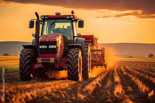 Agricultural Workers Ploughing a Field with Tractors at Sunset.. created with Generative AI